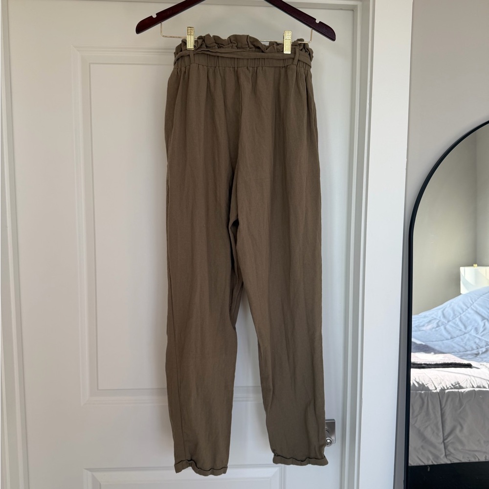 Olive Green Paperbag Waist Tie Belted High Rise Pants Large Casual 100% Cotton - Picture 9 of 9